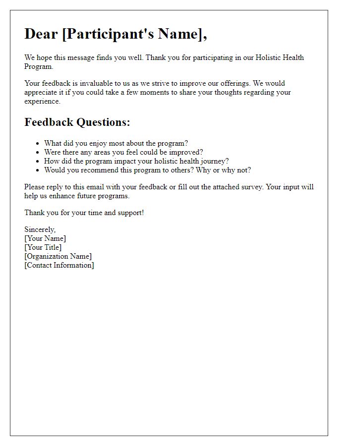 Letter template of holistic health program feedback request from participants