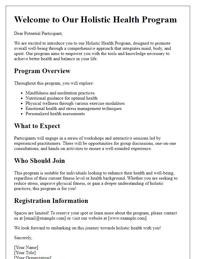 Letter template of holistic health program overview for potential participants