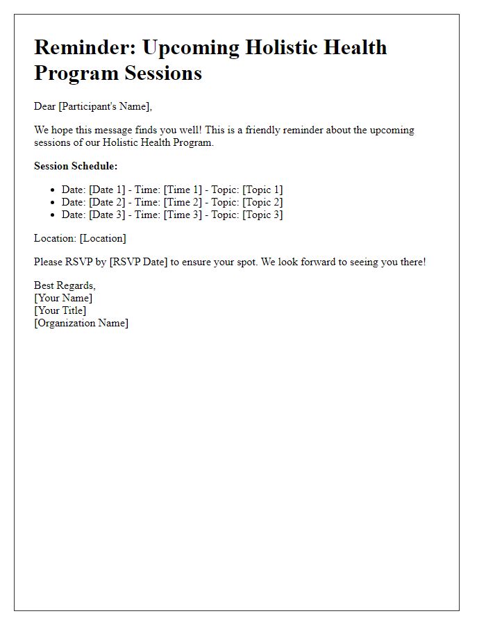 Letter template of holistic health program reminder for upcoming sessions