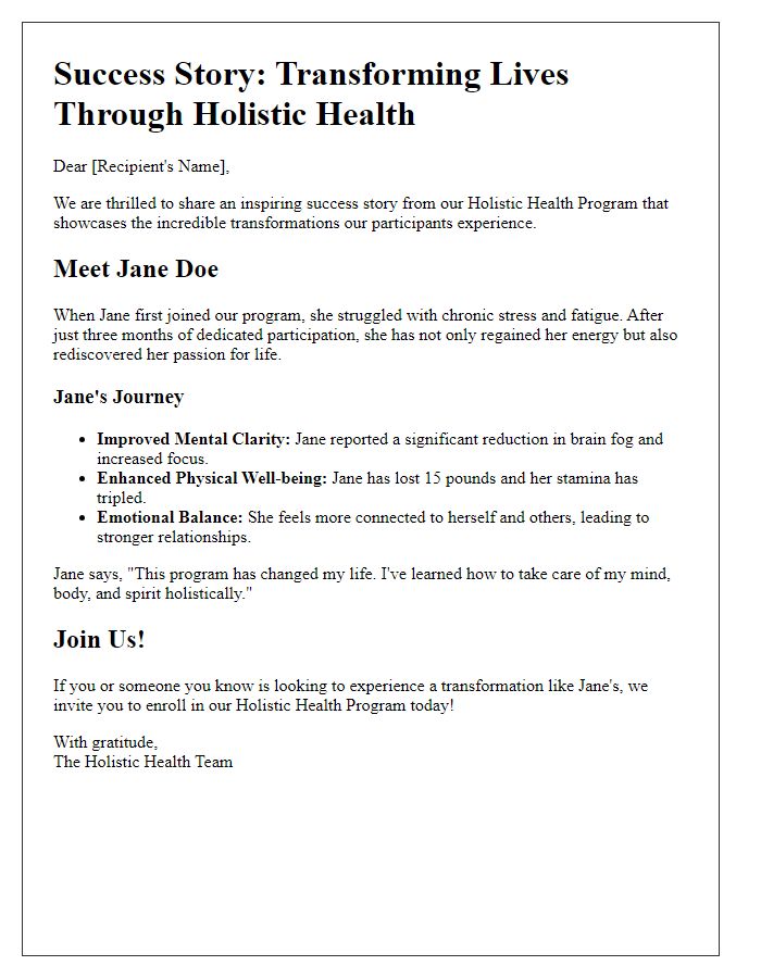 Letter template of holistic health program success stories for promotional purposes