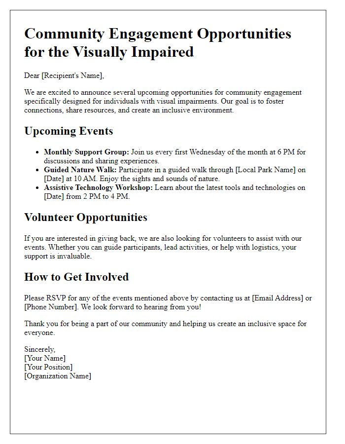 Letter template of visual impairment community engagement opportunities