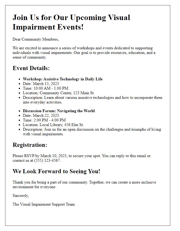 Letter template of visual impairment event announcements and workshops