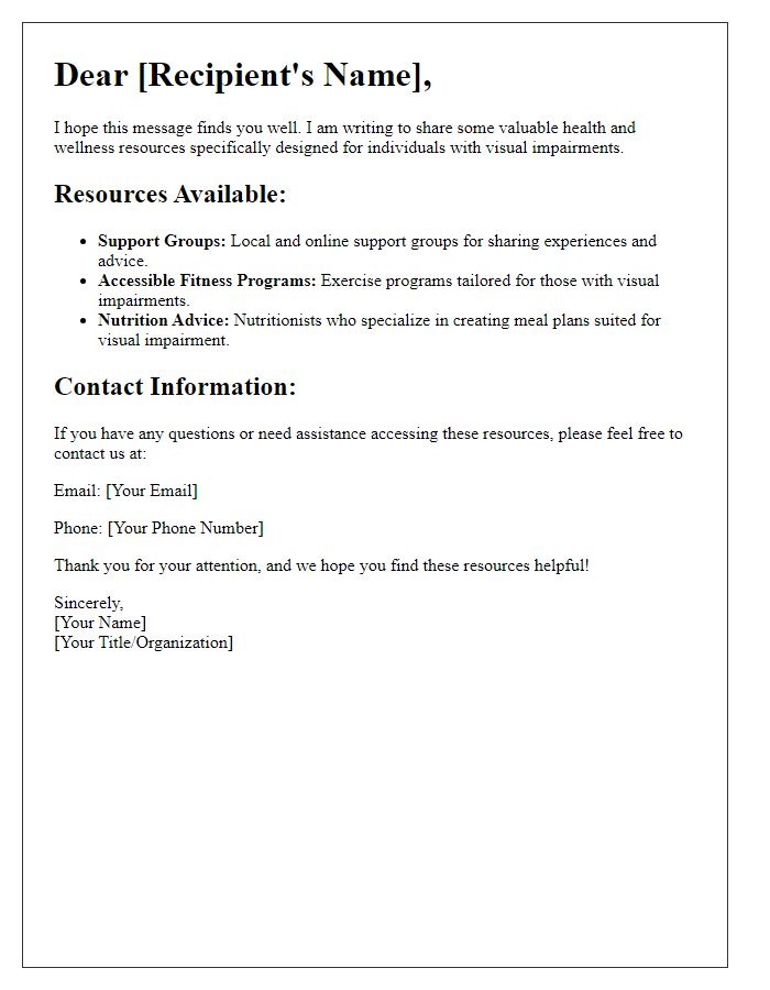 Letter template of visual impairment health and wellness resources