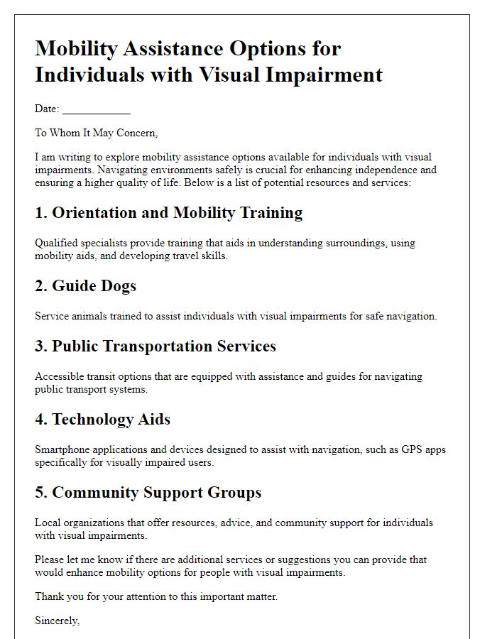 Letter template of visual impairment mobility assistance options