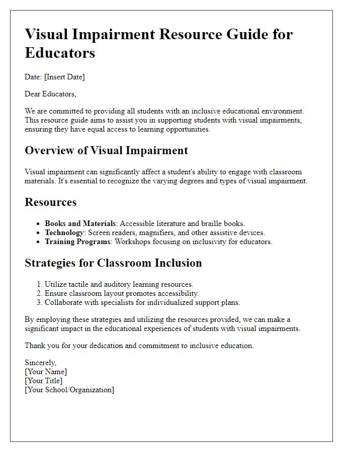 Letter template of visual impairment resource guide for educators