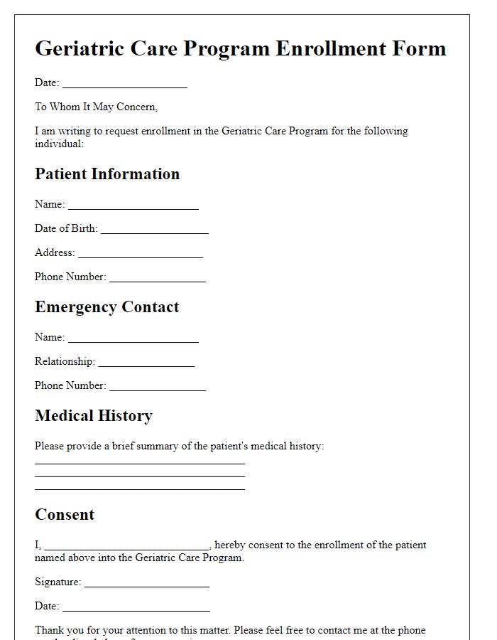 Letter template of geriatric care program enrollment form.