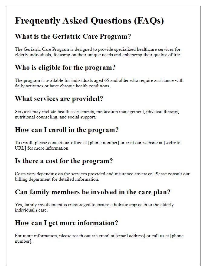 Letter template of geriatric care program FAQs.