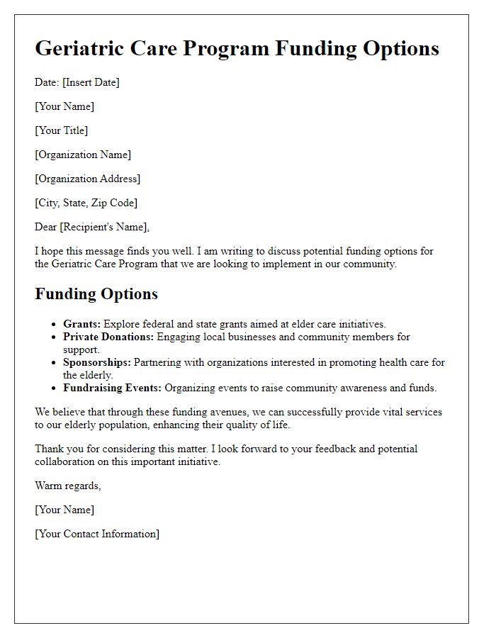 Letter template of geriatric care program funding options.