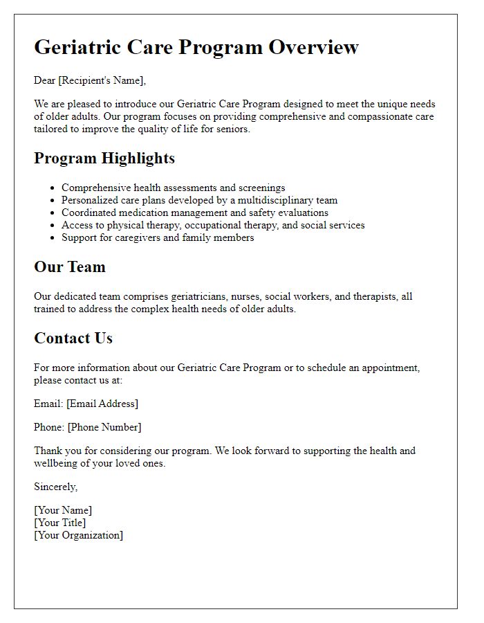 Letter template of geriatric care program overview.