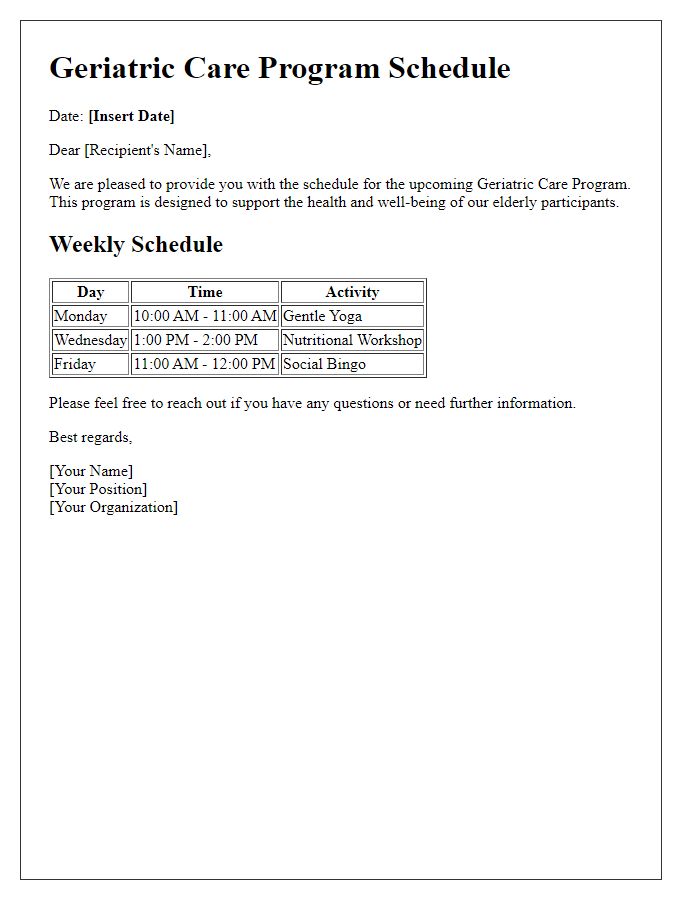 Letter template of geriatric care program schedule.