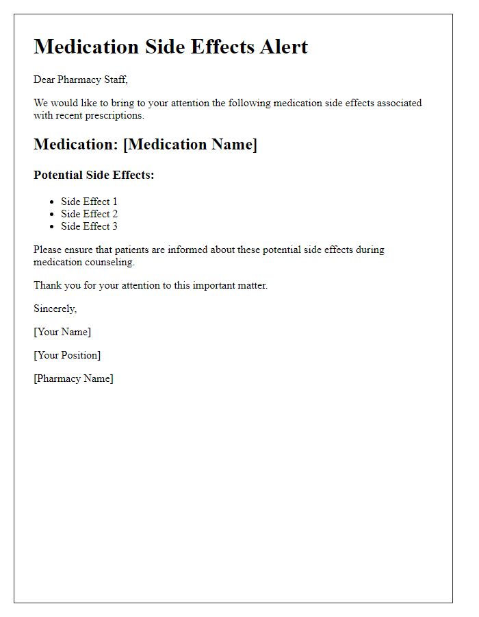 Letter template of medication side effects alert for pharmacy staff