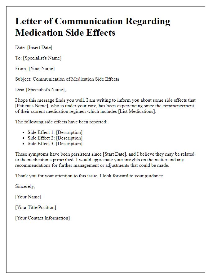 Letter template of medication side effects communication for specialists