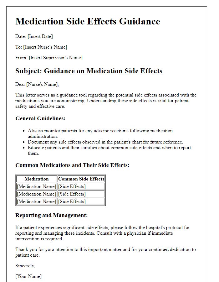 Letter template of medication side effects guidance for nurses