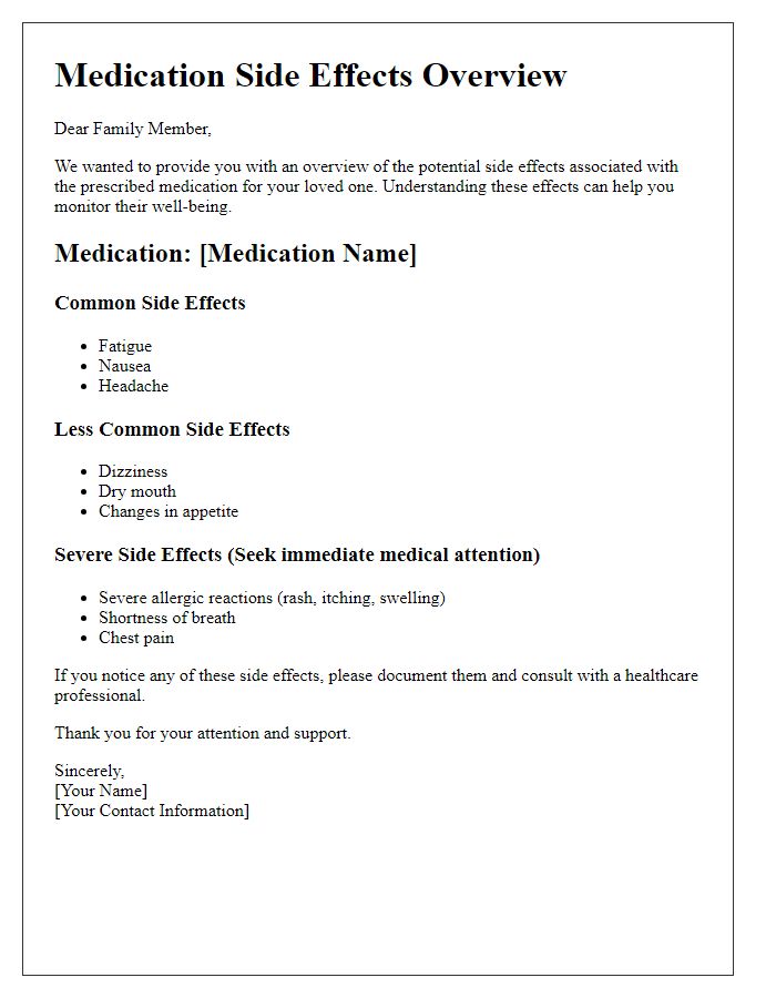 Letter template of medication side effects overview for family members