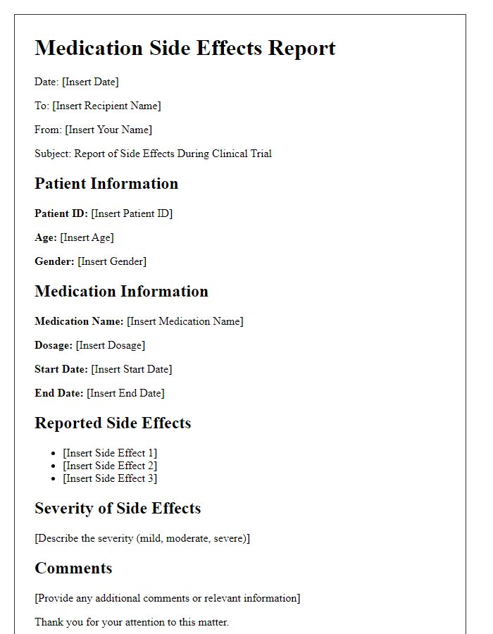 Letter template of medication side effects report for clinical trials