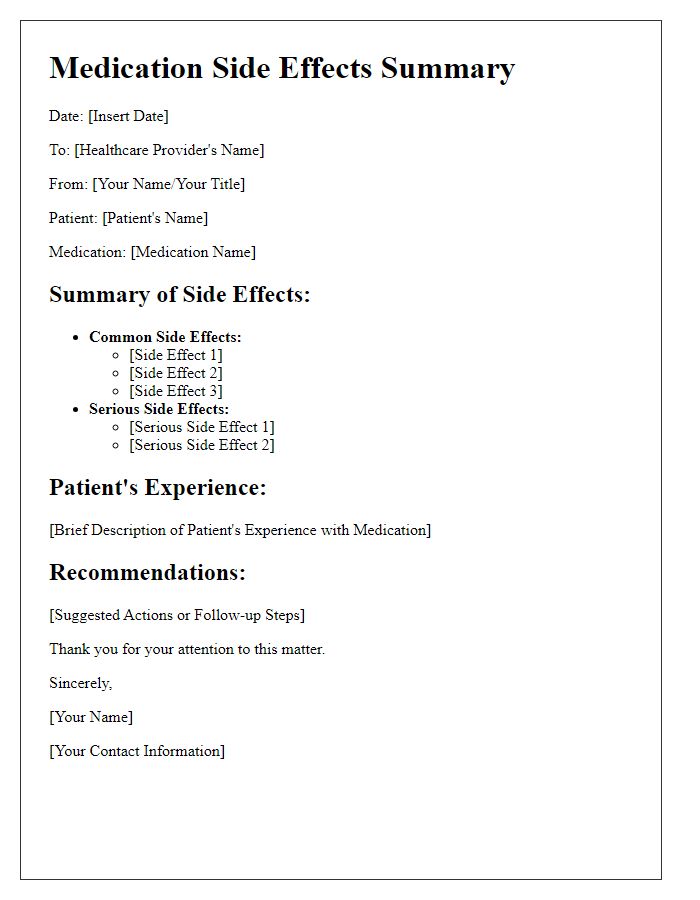 Letter template of medication side effects summary for healthcare providers