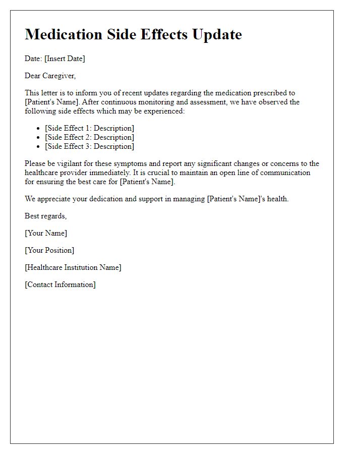 Letter template of medication side effects update for caregivers