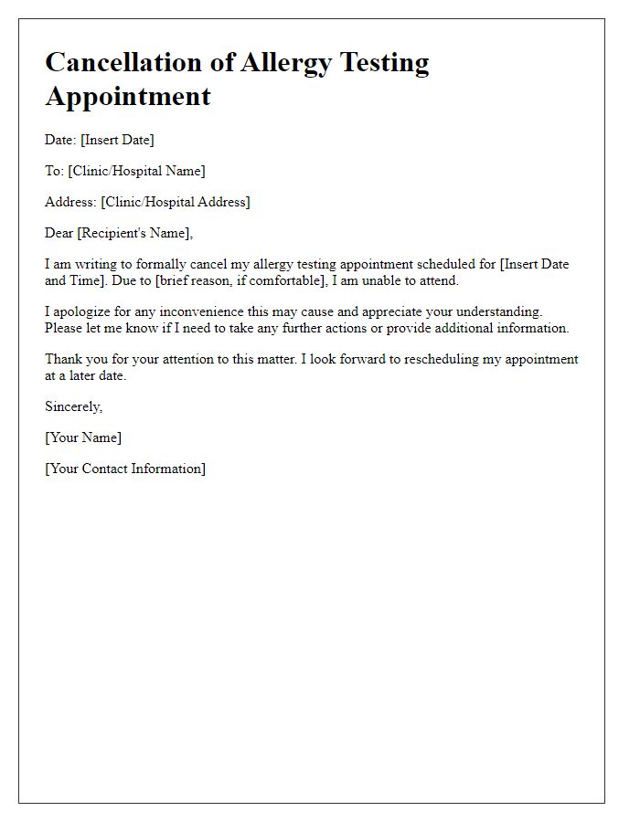 Letter template of cancellation for allergy testing appointment