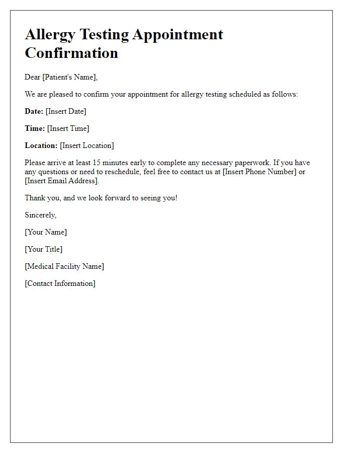 Letter template of confirmation for allergy testing scheduling