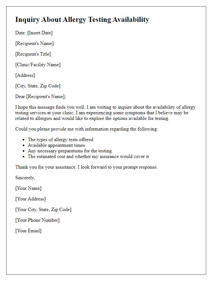 Letter template of inquiry about allergy testing availability