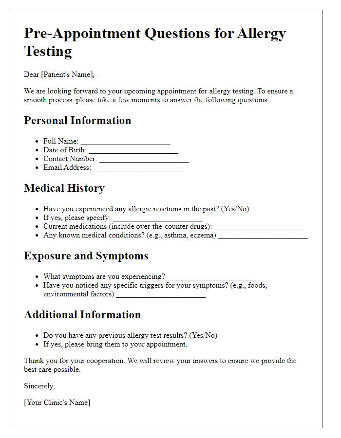 Letter template of pre-appointment questions for allergy testing