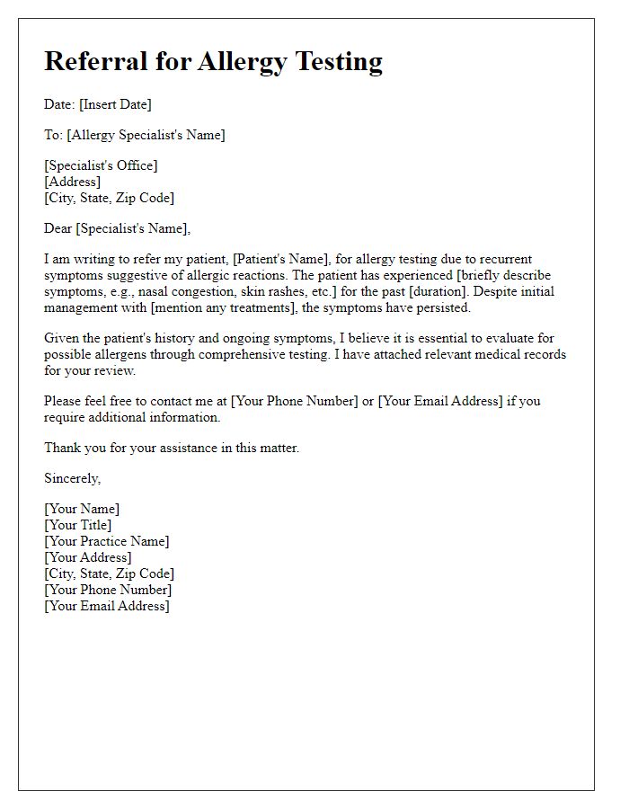 Letter template of referral for allergy testing