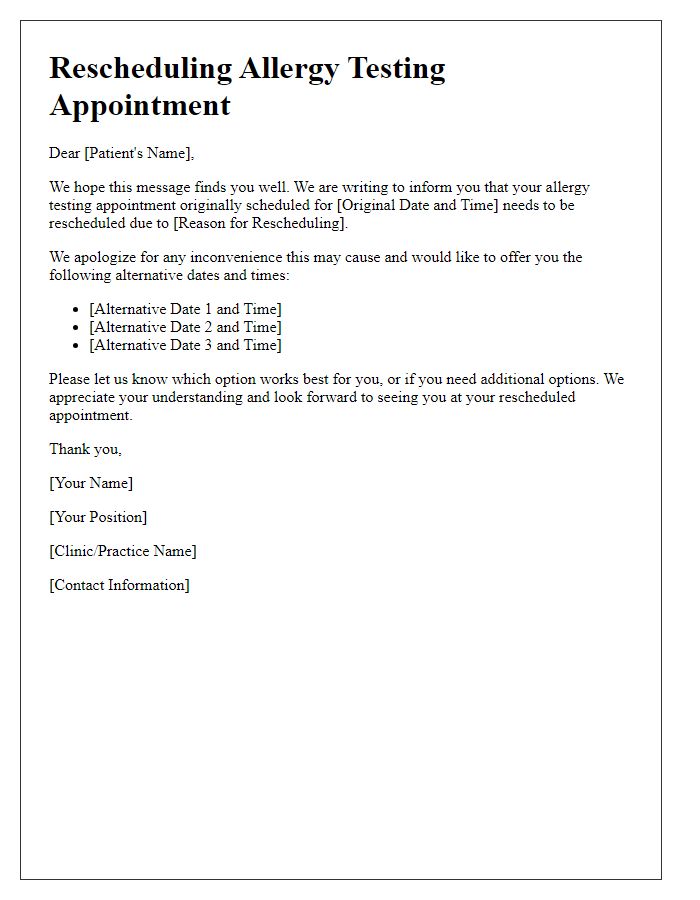 Letter template of rescheduling allergy testing appointment