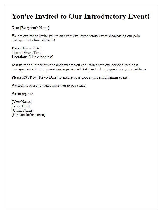 Letter template of introductory event invitation for pain management clinic services