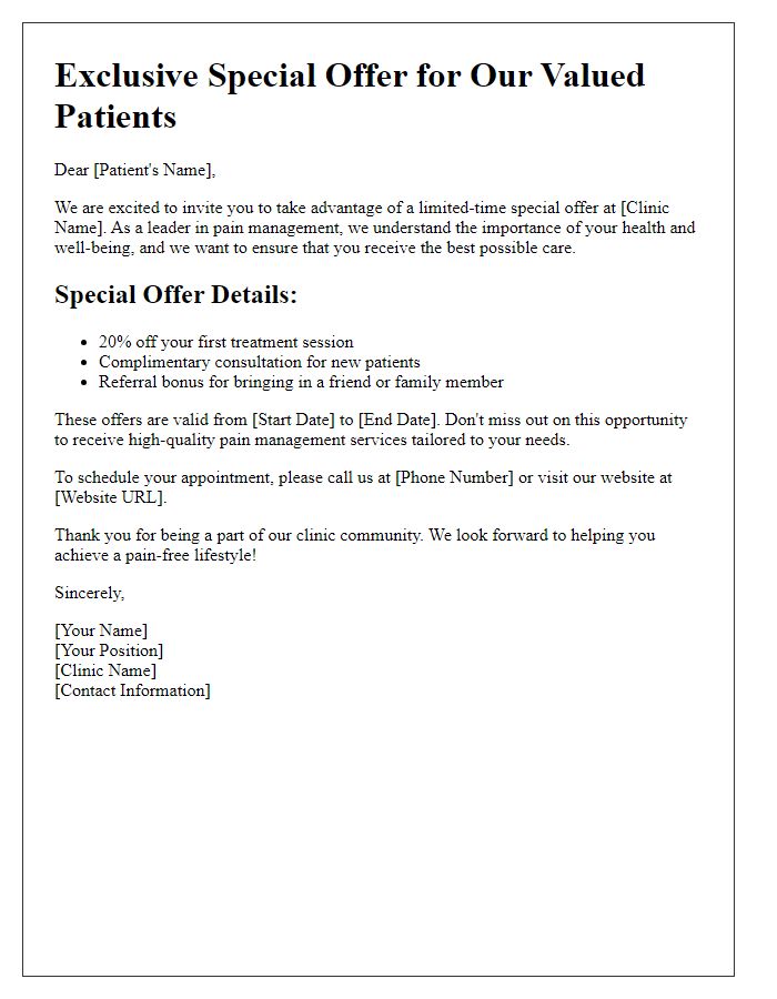 Letter template of special offer invitation for pain management clinic services