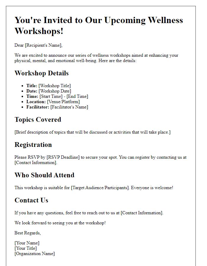 Letter template of details for upcoming wellness workshops