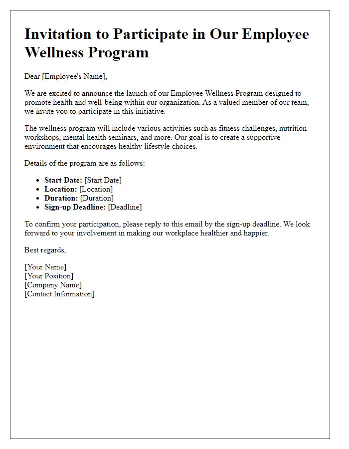 Letter template of invitation to participate in employee wellness program