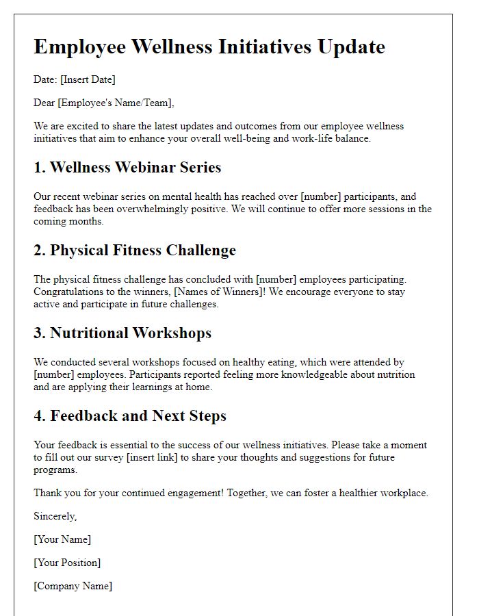 Letter template of updates and outcomes from employee wellness initiatives