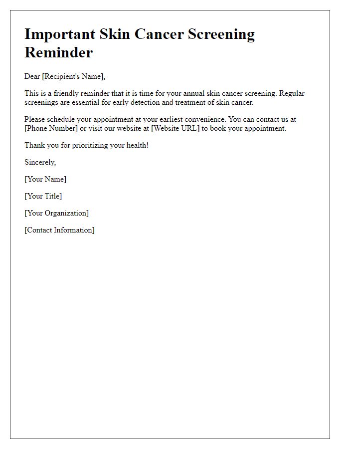 Letter template of Skin Cancer Screening Reminder