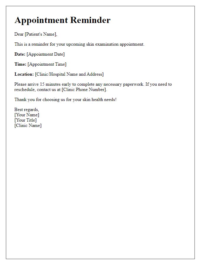 Letter template of Skin Examination Appointment Reminder