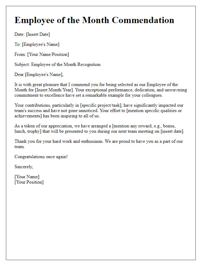 Letter template of employee of the month commendation.