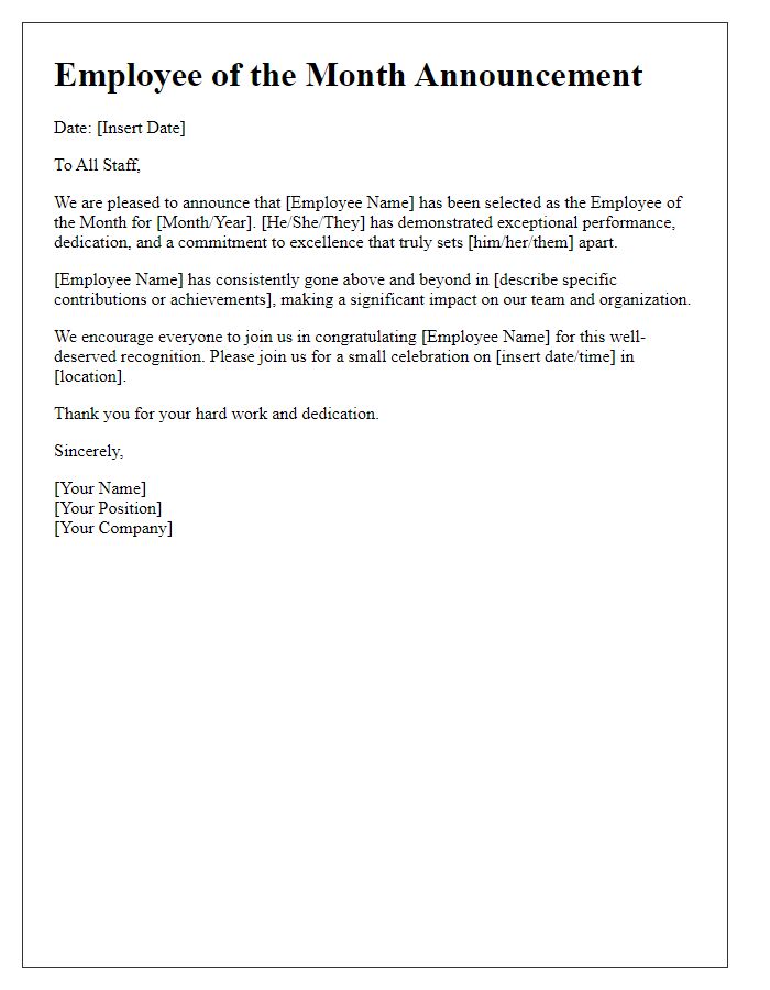 Letter template of employee of the month formal announcement.