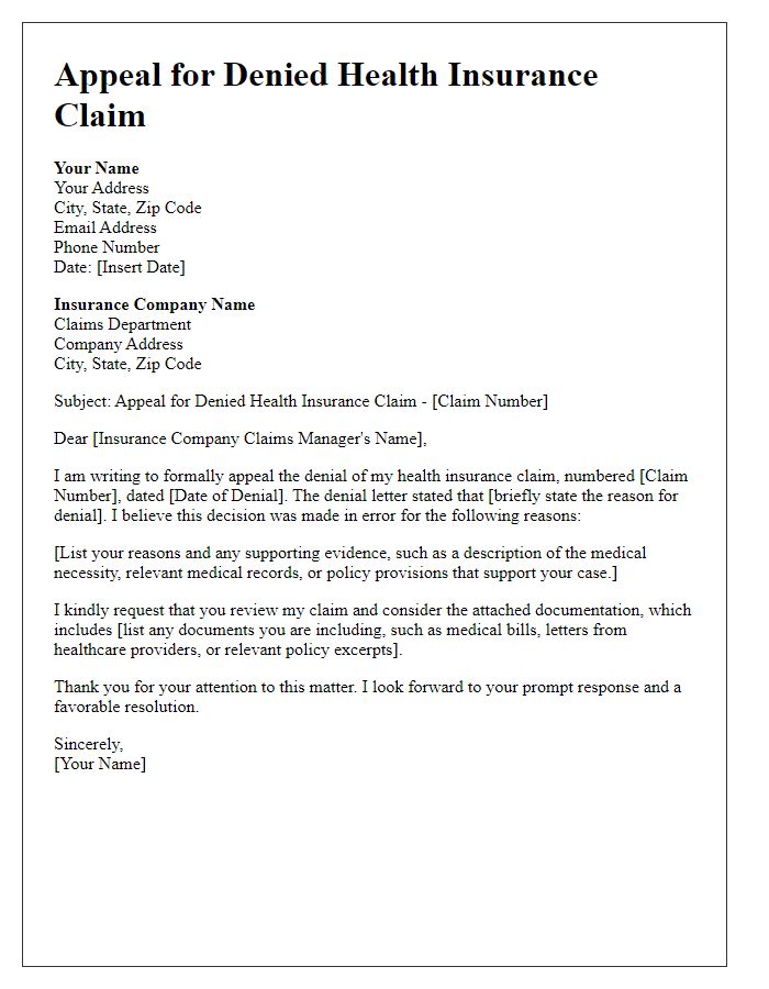 Letter template of appeal for denied health insurance claim