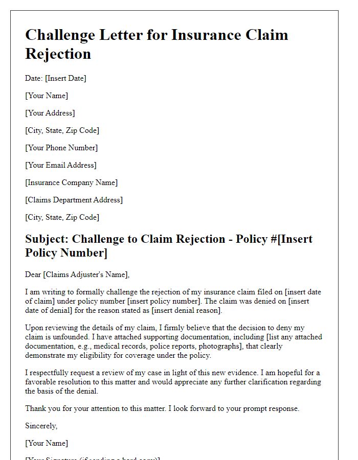 Letter template of challenge for insurance claim rejection