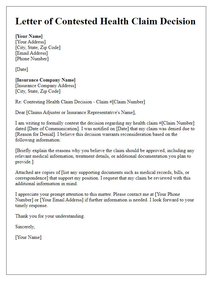 Letter template of correspondence for contested health claim decision