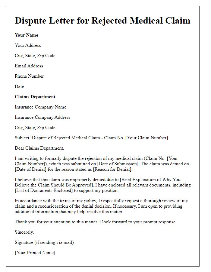 Letter template of dispute for rejected medical claim