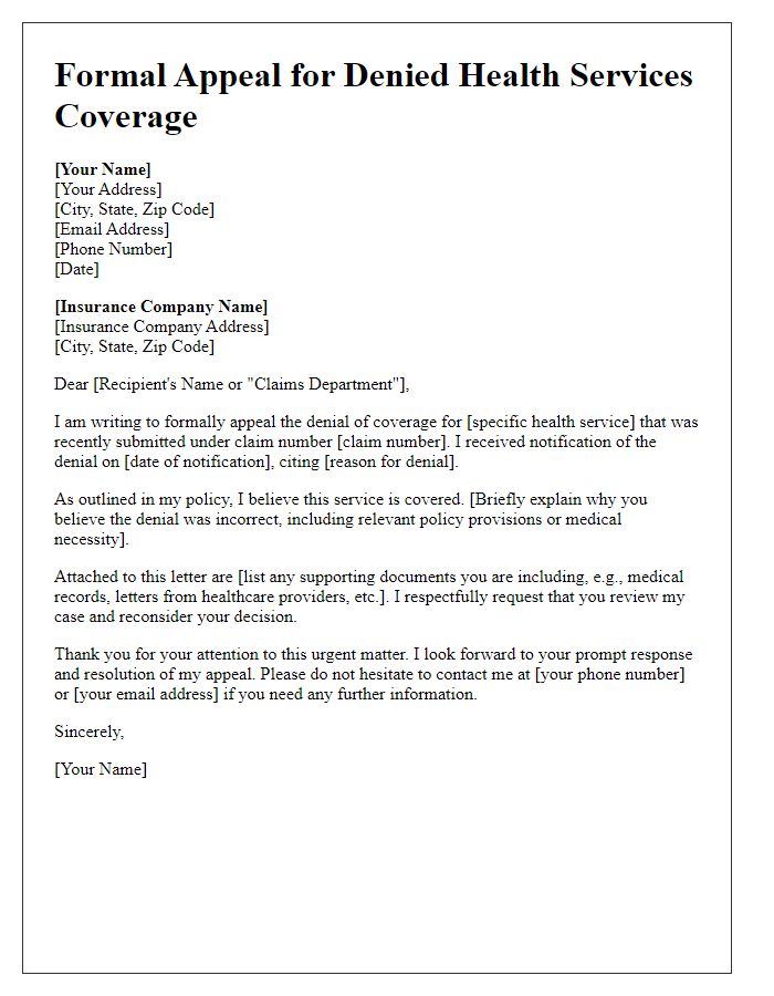 Letter template of formal appeal for denied health services coverage