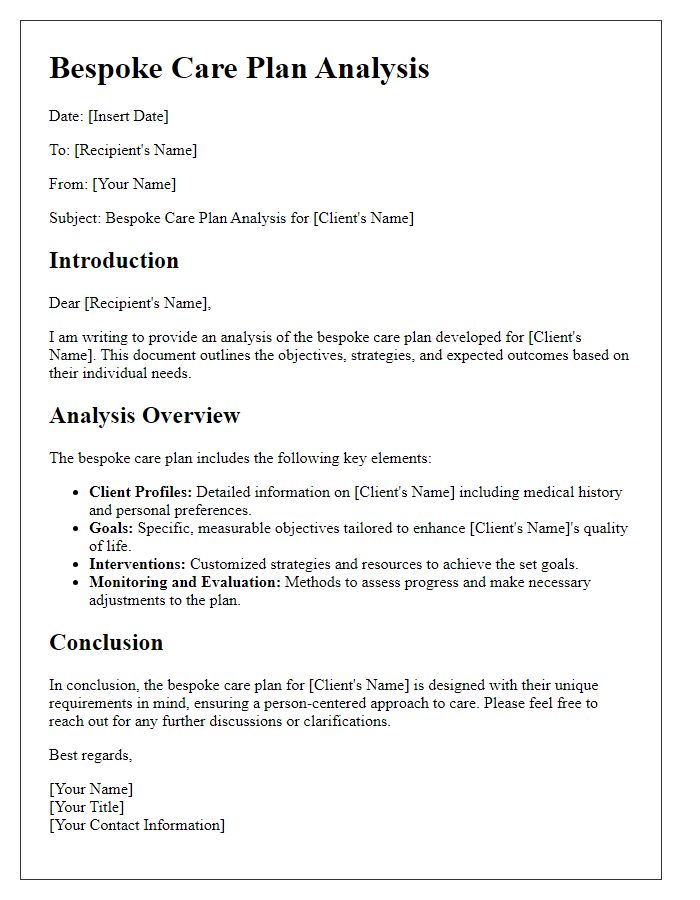 Letter template of bespoke care plan analysis