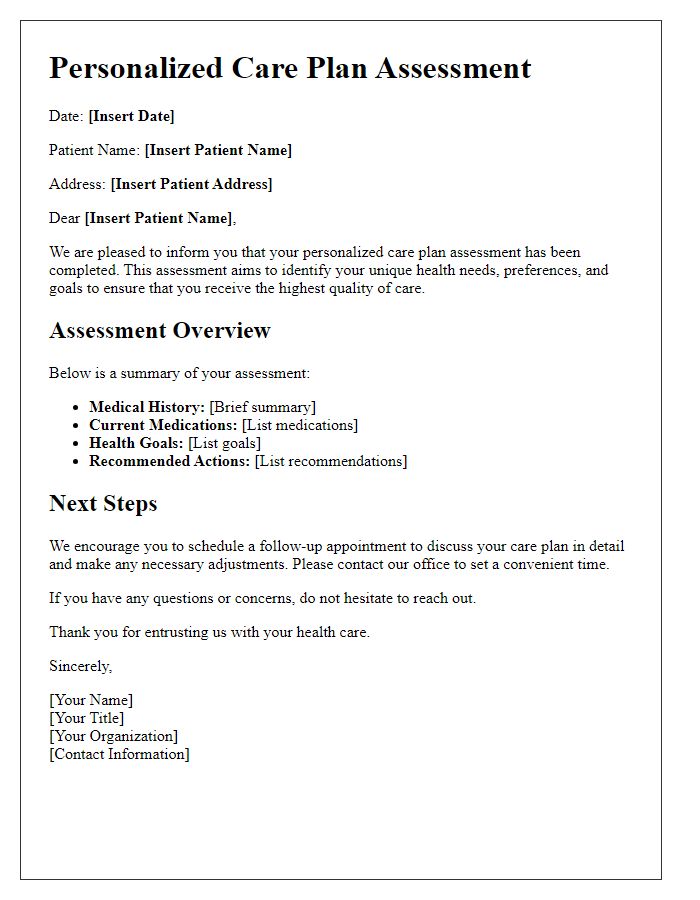 Letter template of personalized care plan assessment