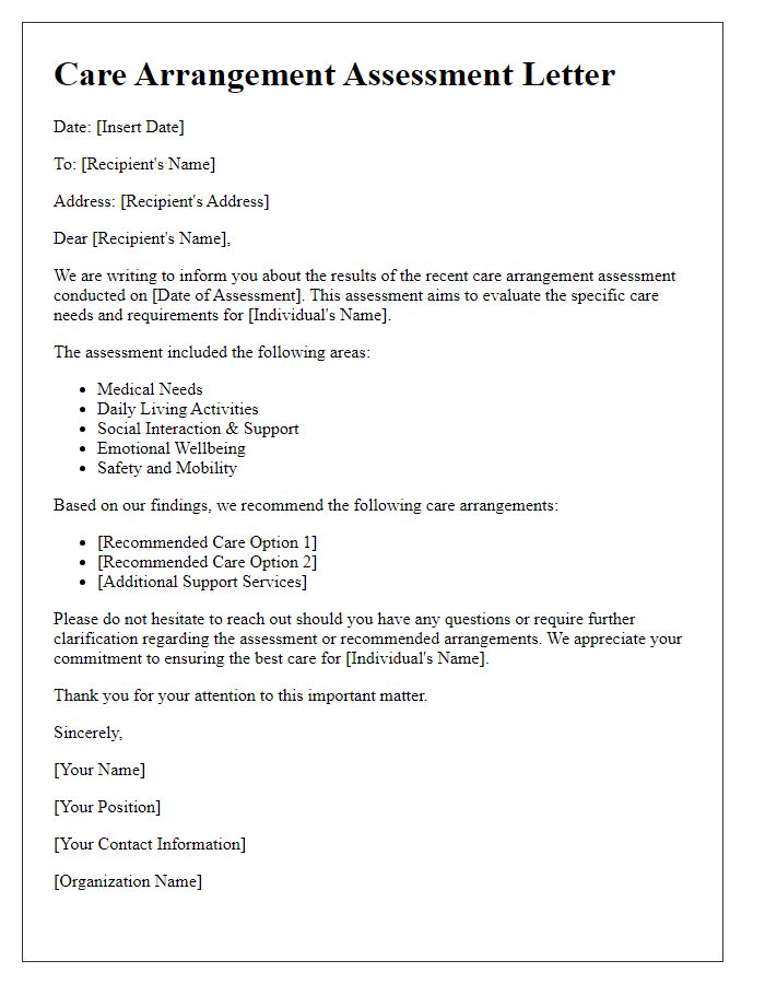 Letter template of specific care arrangement assessment