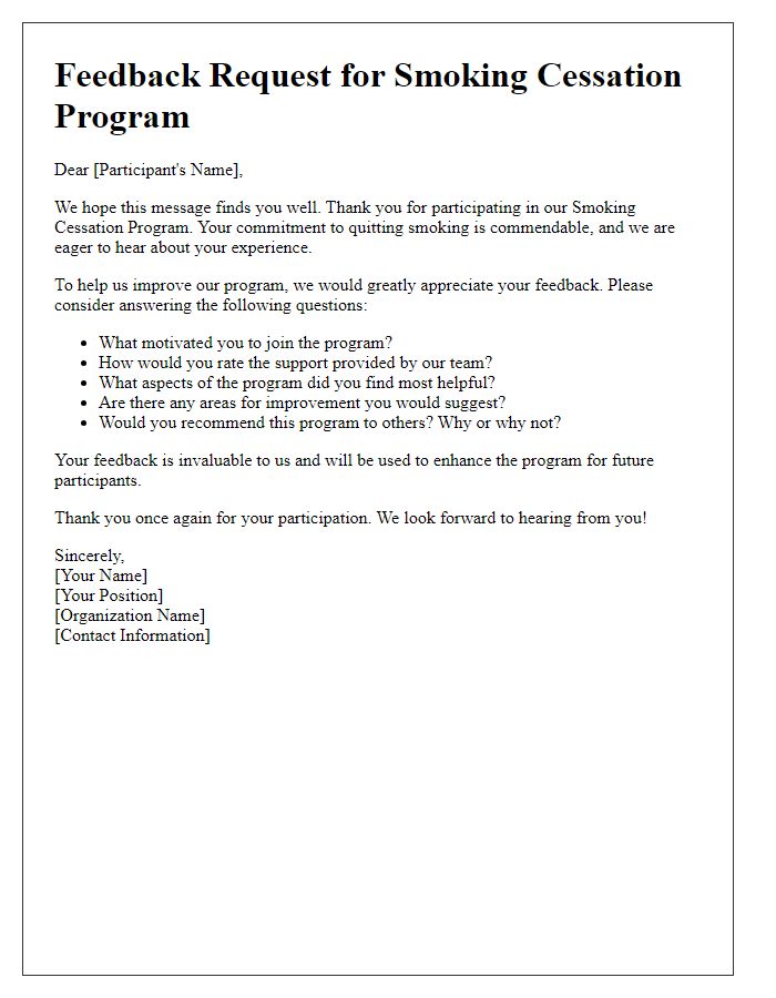 Letter template of feedback request for smoking cessation program