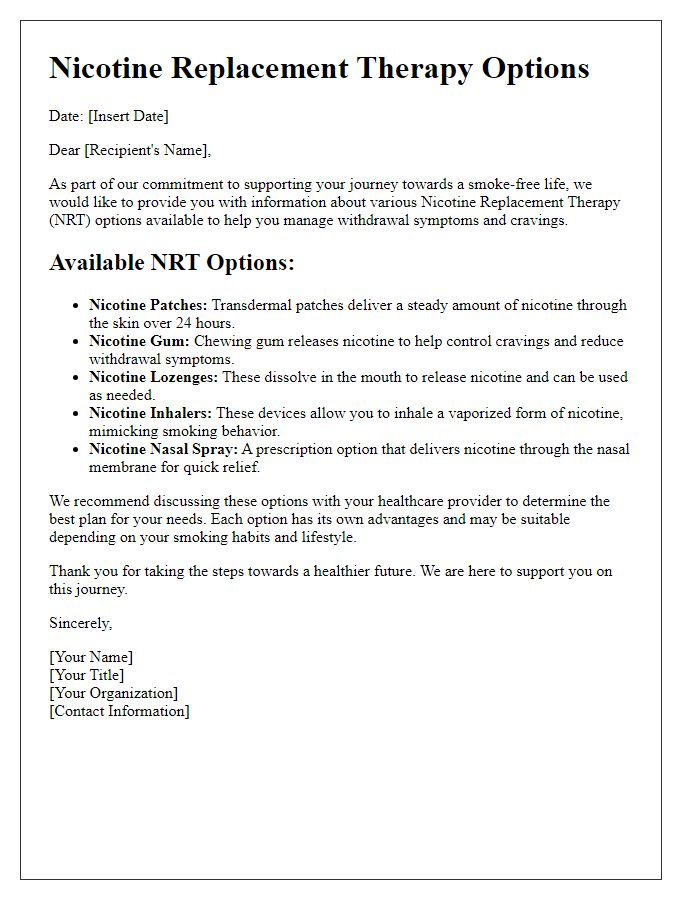 Letter template of nicotine replacement therapy options