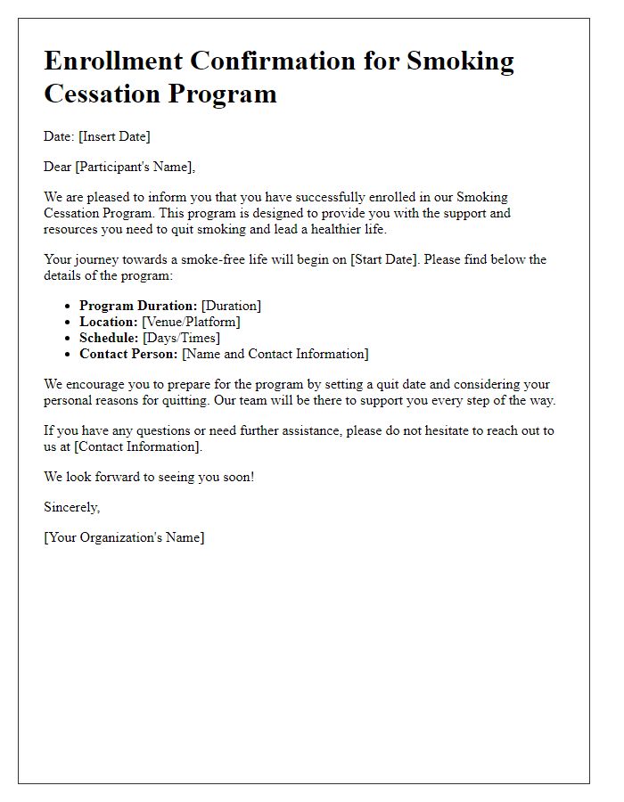 Letter template of smoking cessation program enrollment