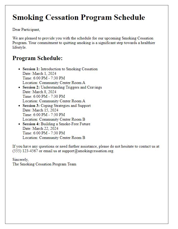 Letter template of smoking cessation program schedule