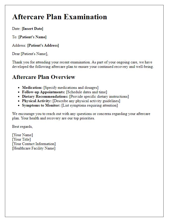 Letter template of aftercare plan examination