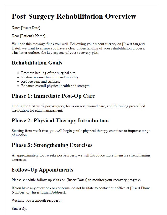 Letter template of post-surgery rehabilitation overview